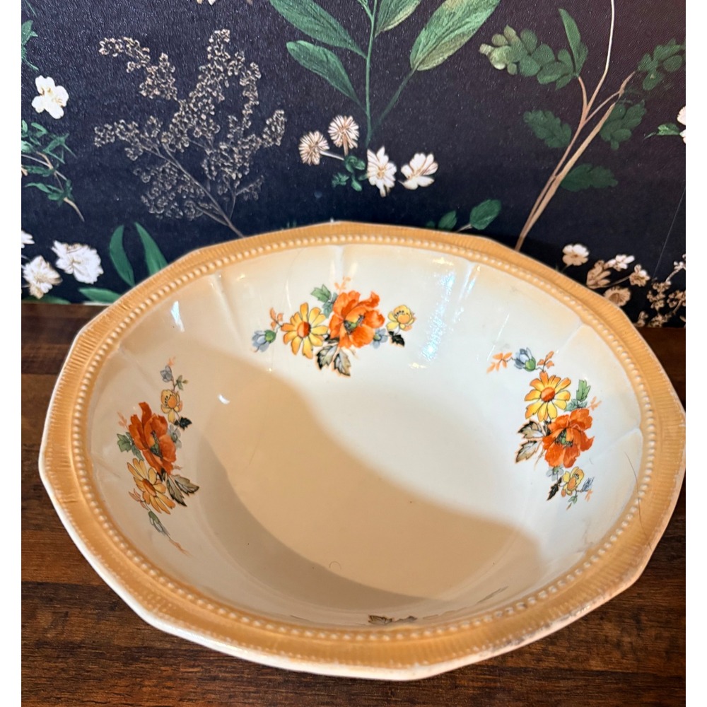 Vintage Crown Ivory Floral Serving Bowl Orange Poppies Octagonal 9 Inch